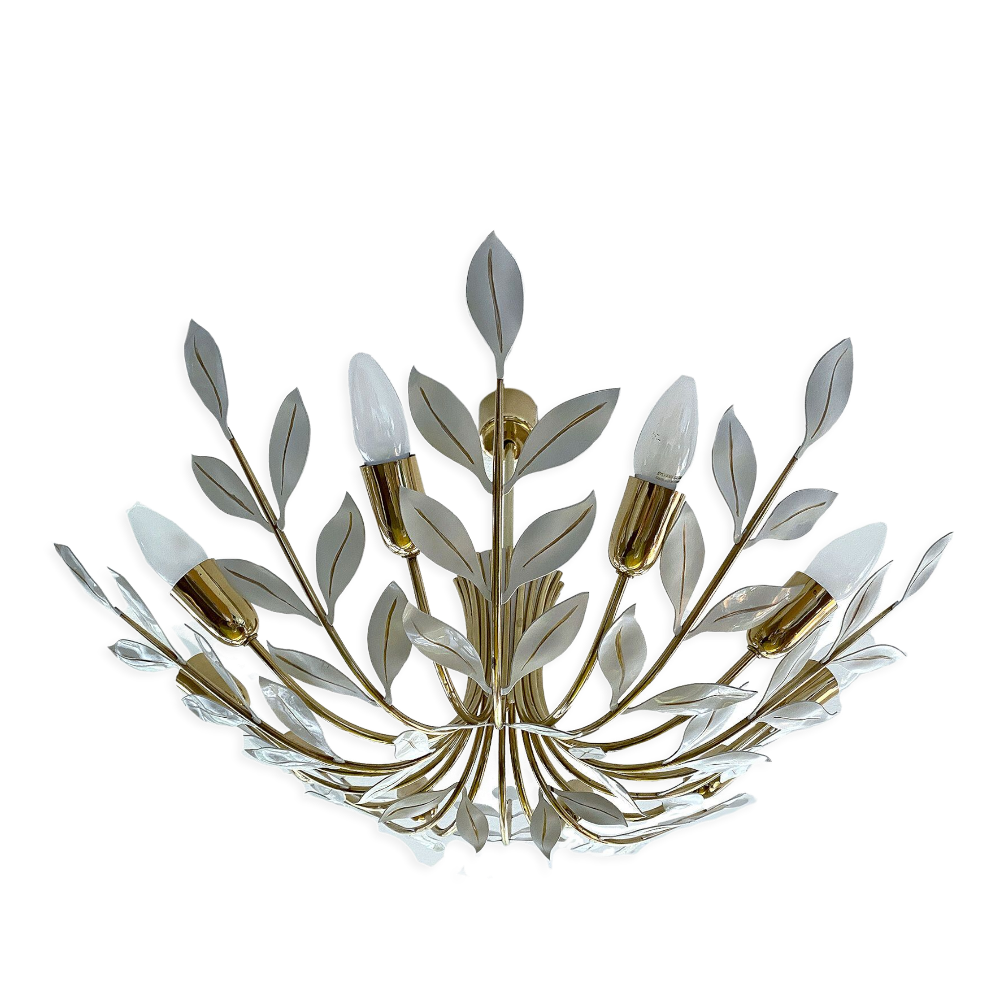 Large Pendant Lamp Vintage Pattern Bouquet Leaves, Brass, White Gold, 50s