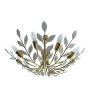 Large Pendant Lamp Vintage Pattern Bouquet Leaves, Brass, White Gold, 50s
