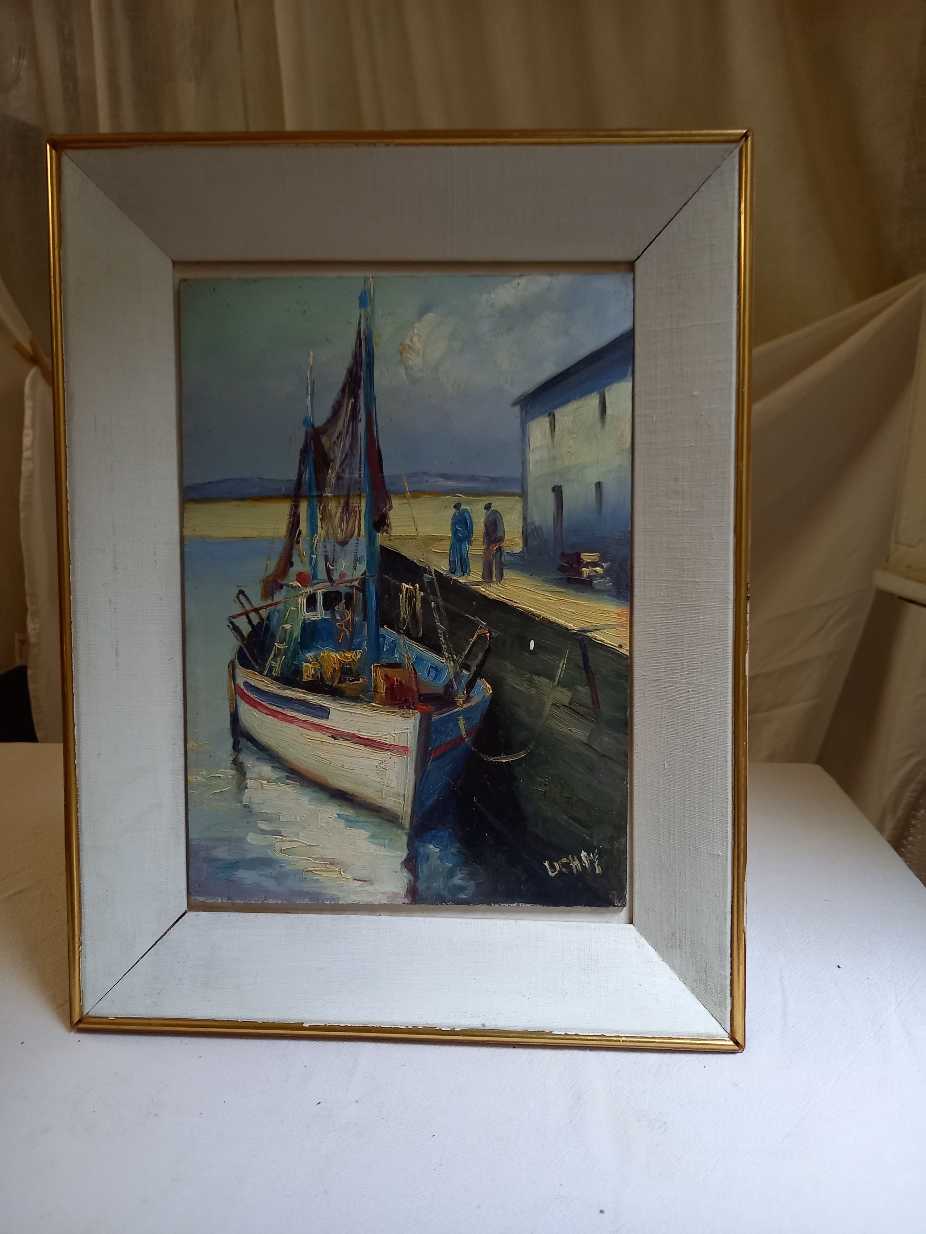 Old painting, oil on wood, representing a port with a fishing boat