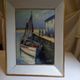 Old painting, oil on wood, representing a port with a fishing boat