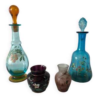 Intéressant ensemble de deux carafes et deux vases émaillées legras vers 1900