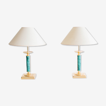 A set of two vintage faux malachite column table lamps