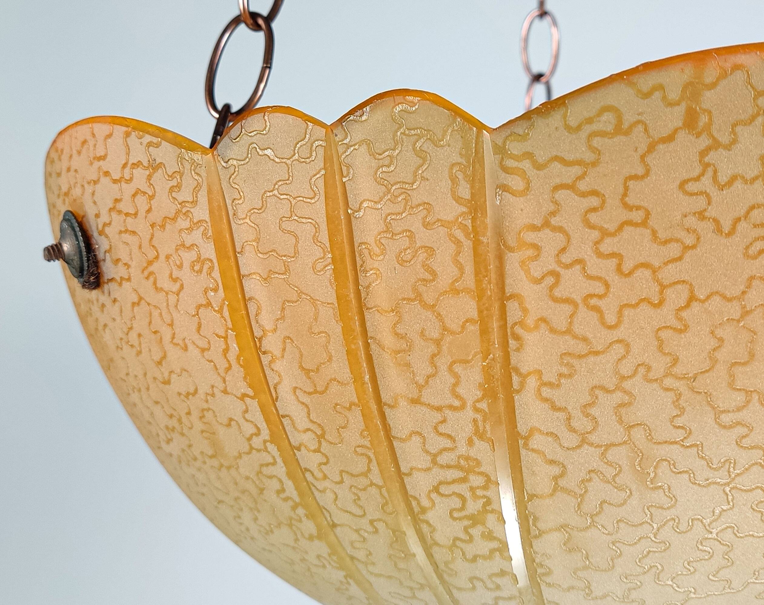 1920s Art Deco Cut Glass Orange Ombre Plafonnier Lamp Shade
