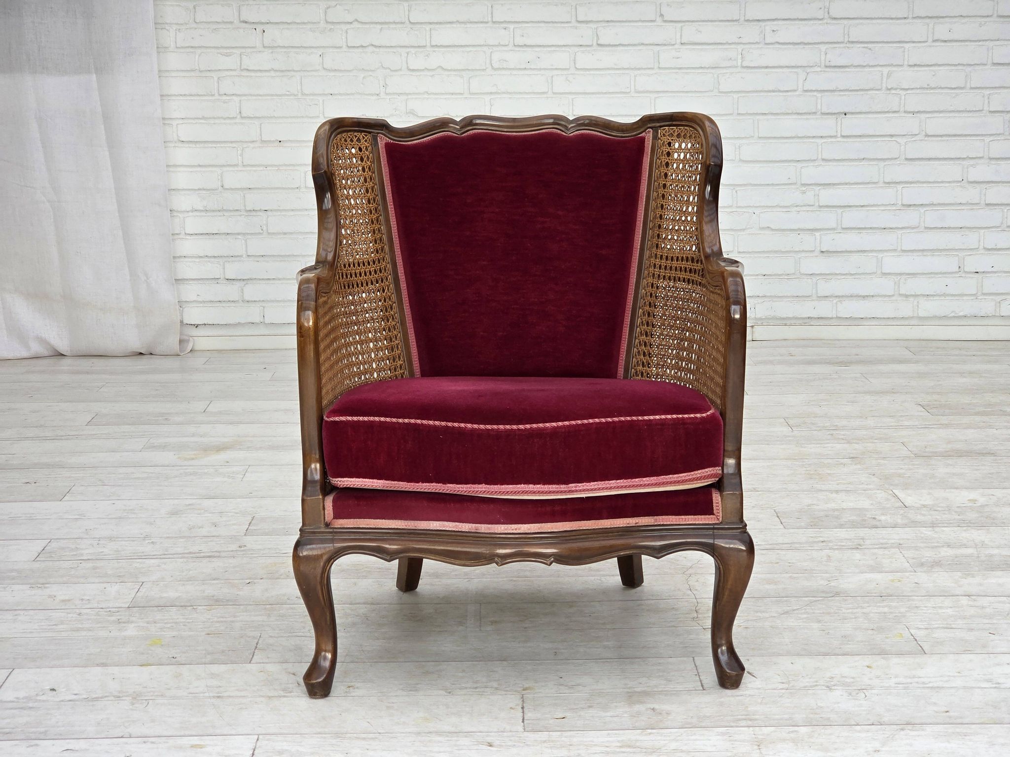 1950s, Danish armchair, furniture velour, ash wood,, mesh.