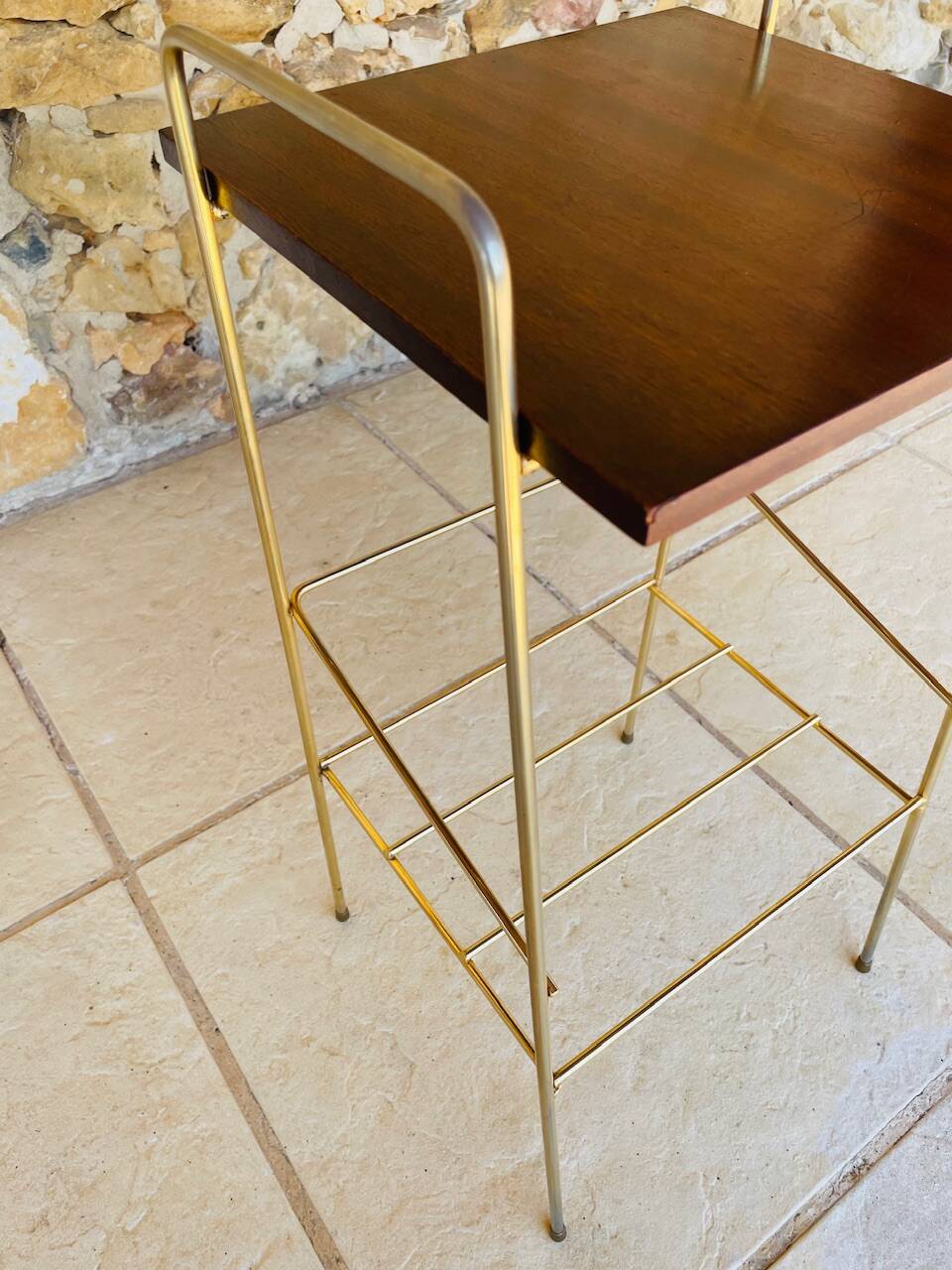 Vintage side table, 2 wooden and brass shelves, circa 1960s