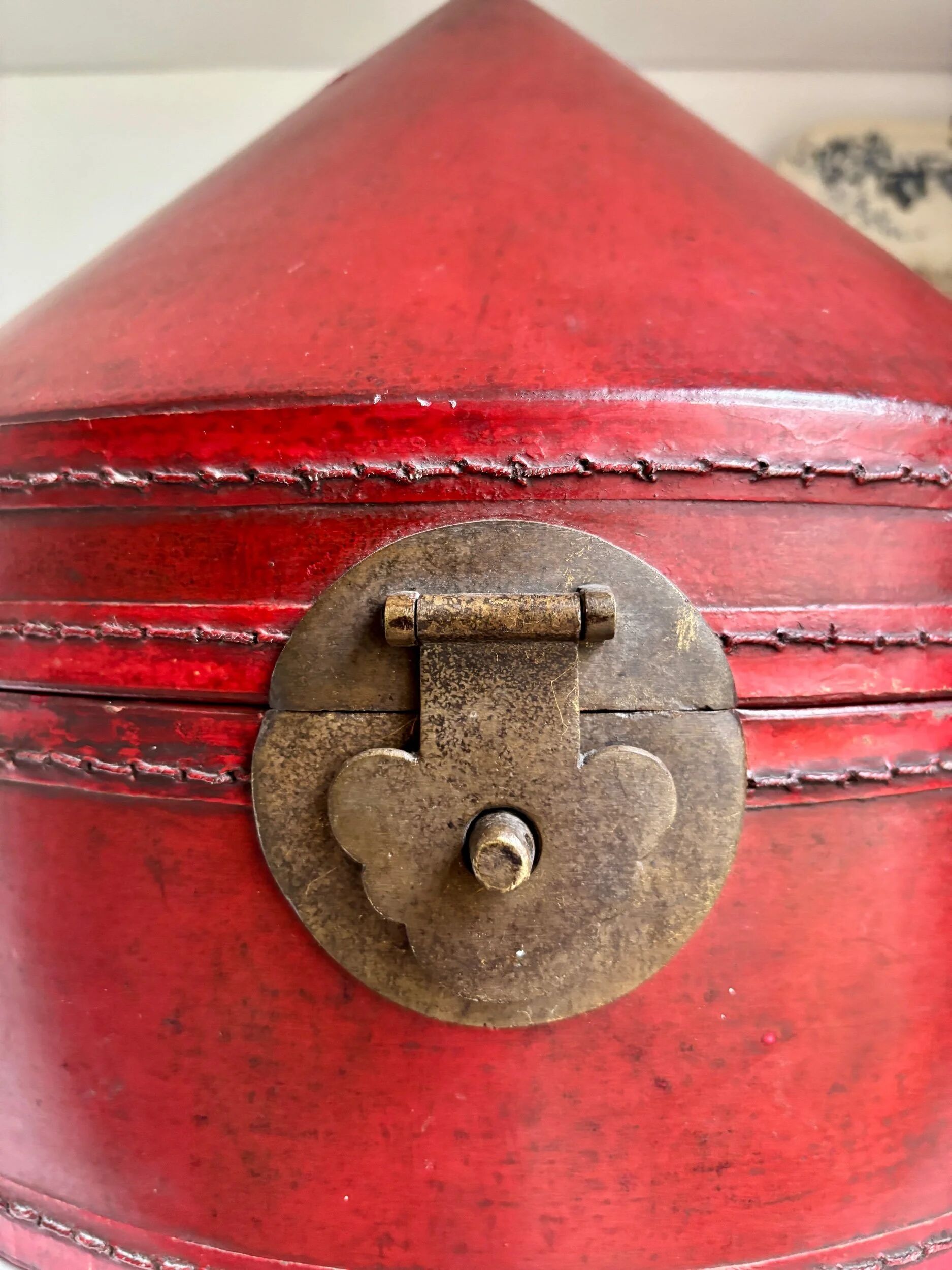 Red leather-covered hat box, China 19th century