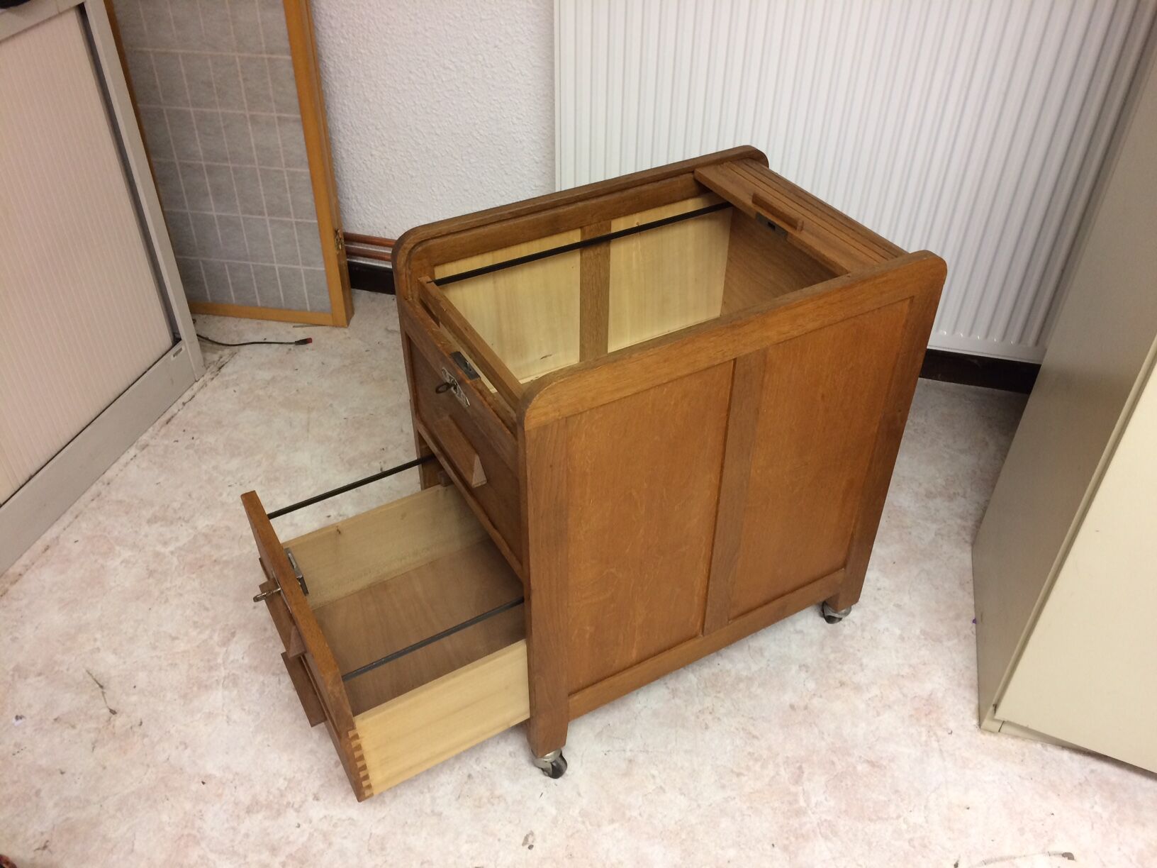 Old curtain oak wheeled box 1950