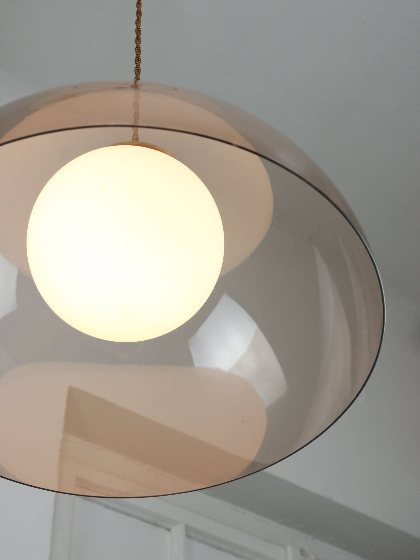 Space-age italian brass, opaline and plexiglass pendant lamp