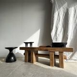 Solid wood bench with openwork base crossed by a cylinder - Mango wood