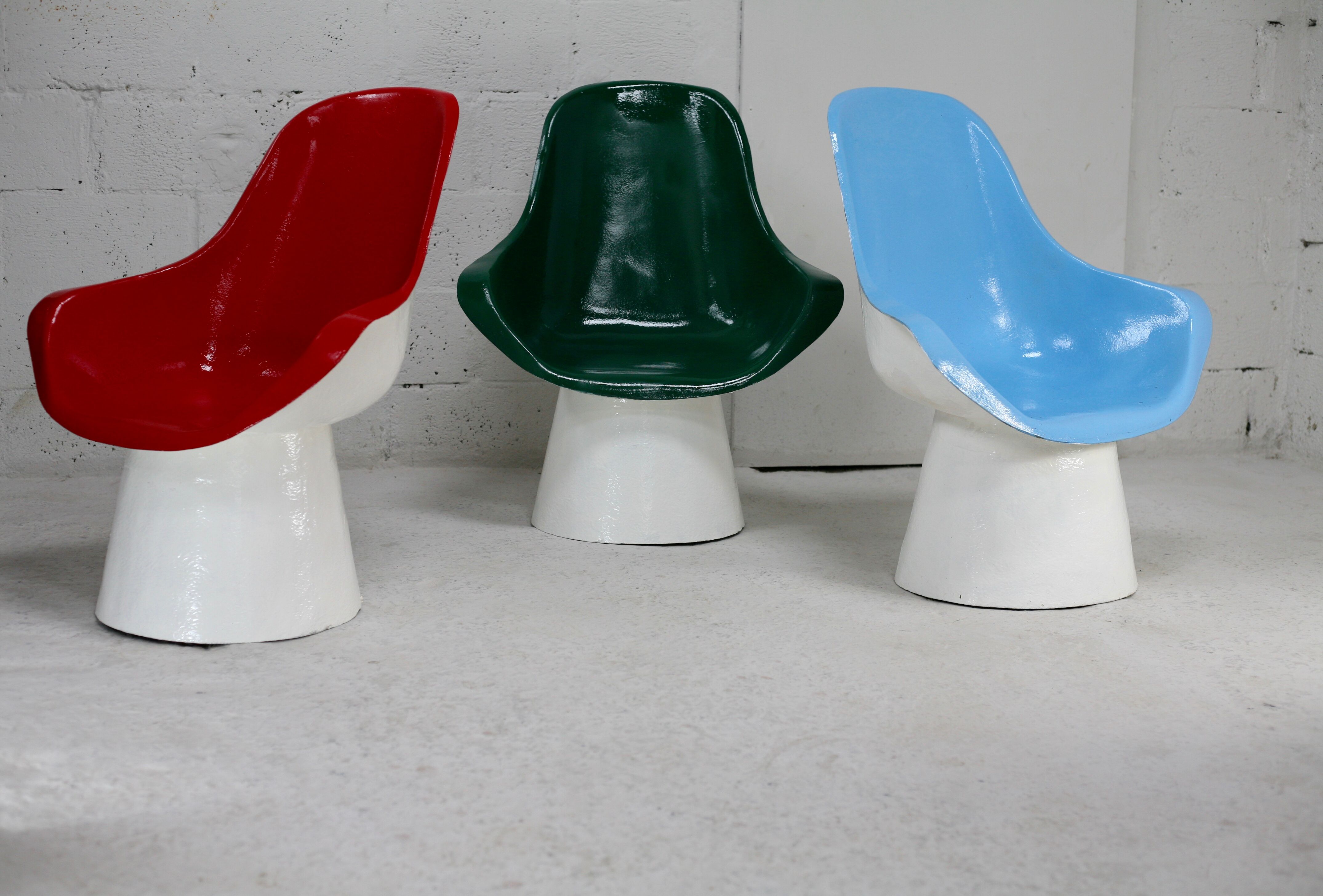 3 painted fiberglass “space age” armchairs. France, circa 1970