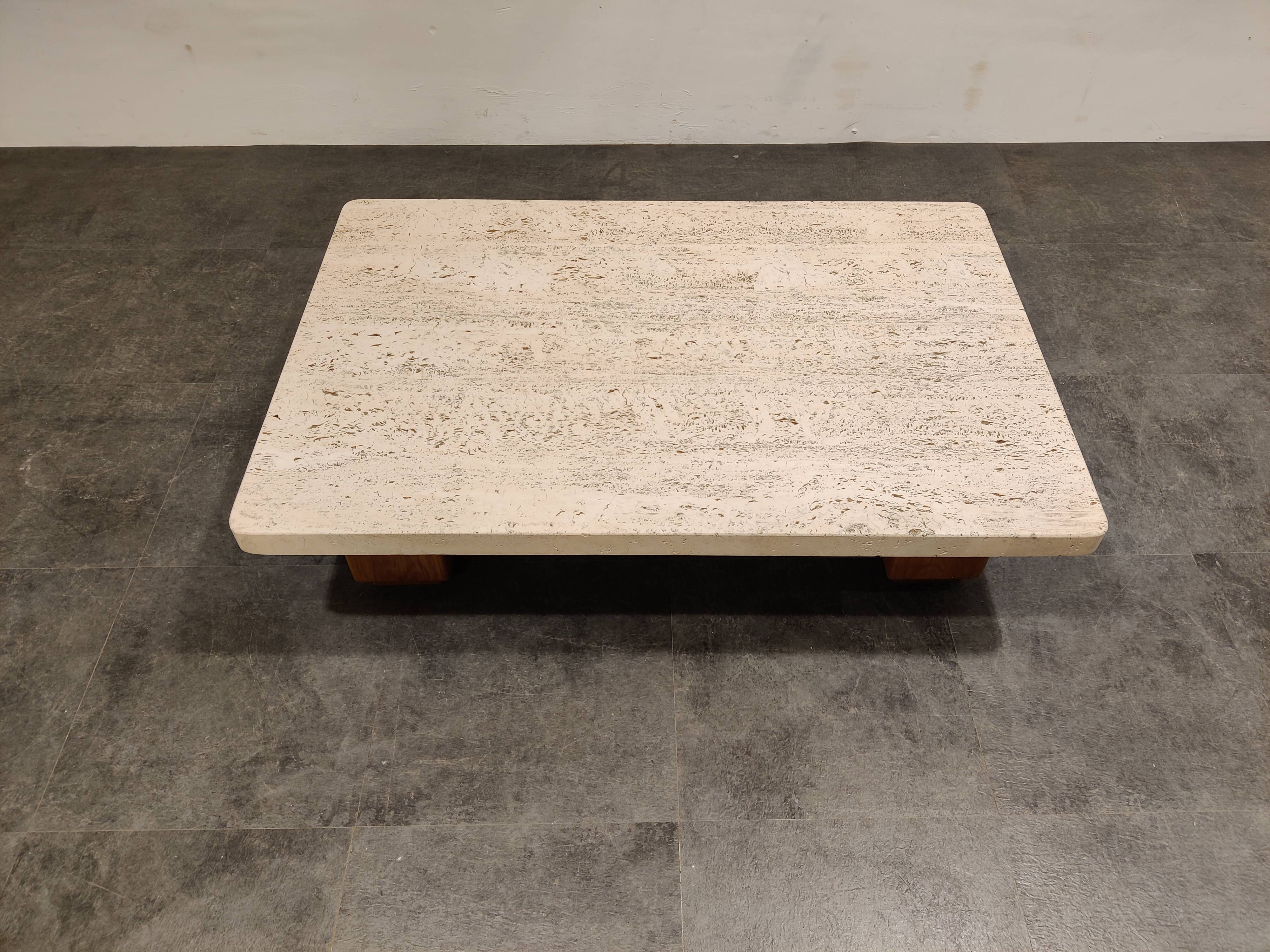 Vintage travertine and wooden coffee table, 1970s