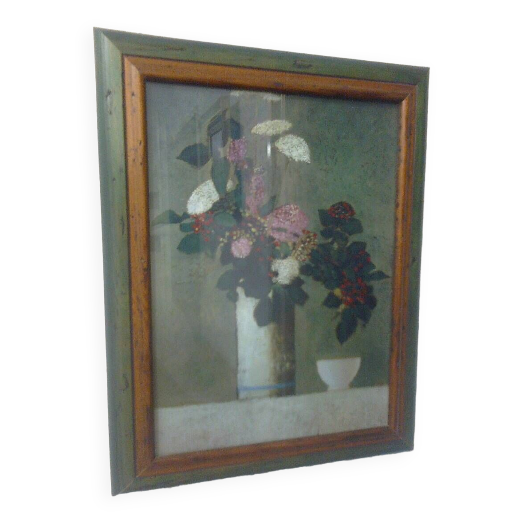 Rectangular frame two-tone wood brown/green, image: painting bowl+vase of flowers