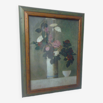 Rectangular frame two-tone wood brown/green, image: painting bowl+vase of flowers