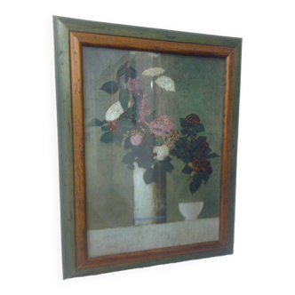 Rectangular frame two-tone wood brown/green, image: painting bowl+vase of flowers