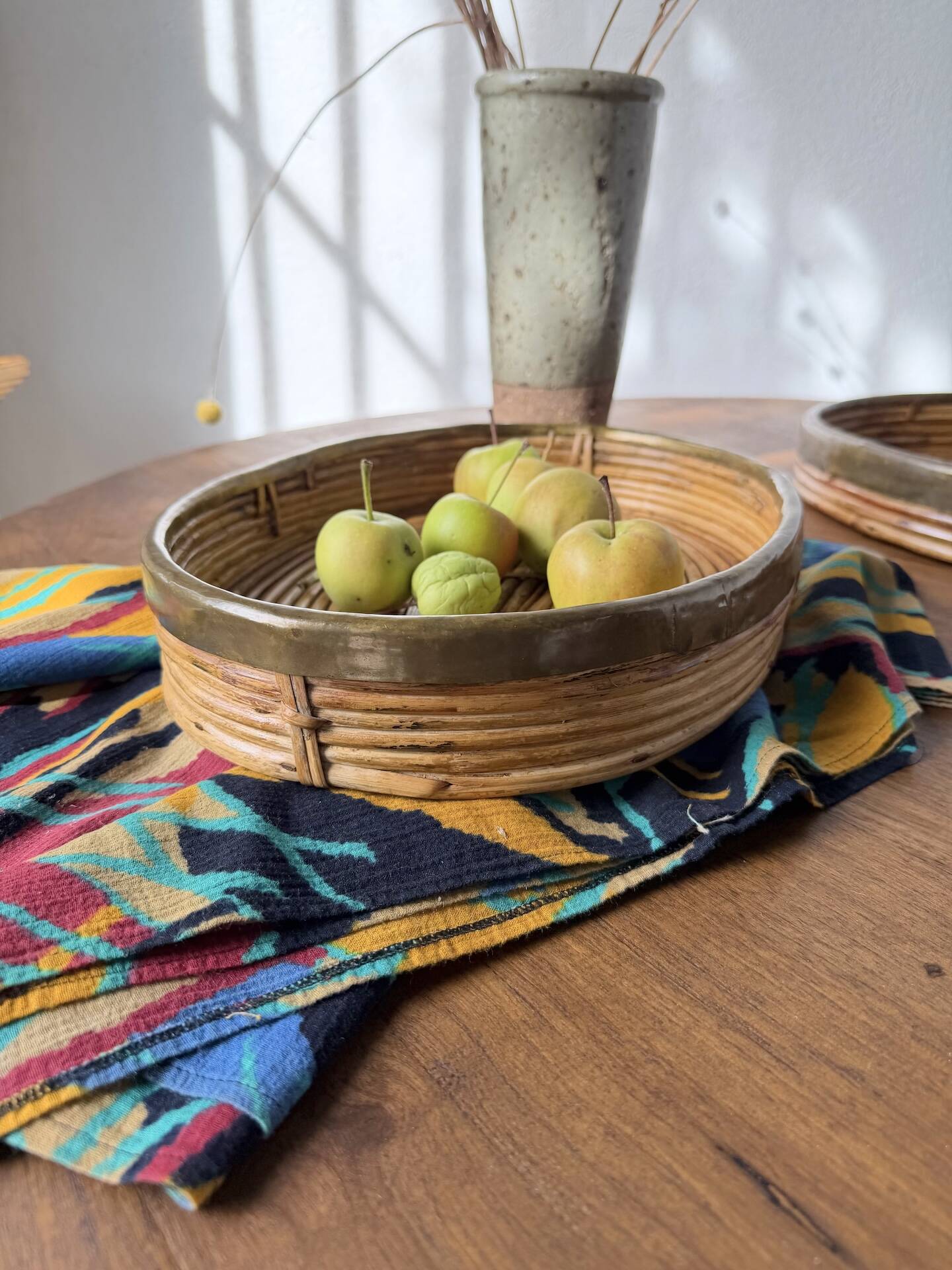 Round rattan and brass trays 1970 by Gabriella Crespi