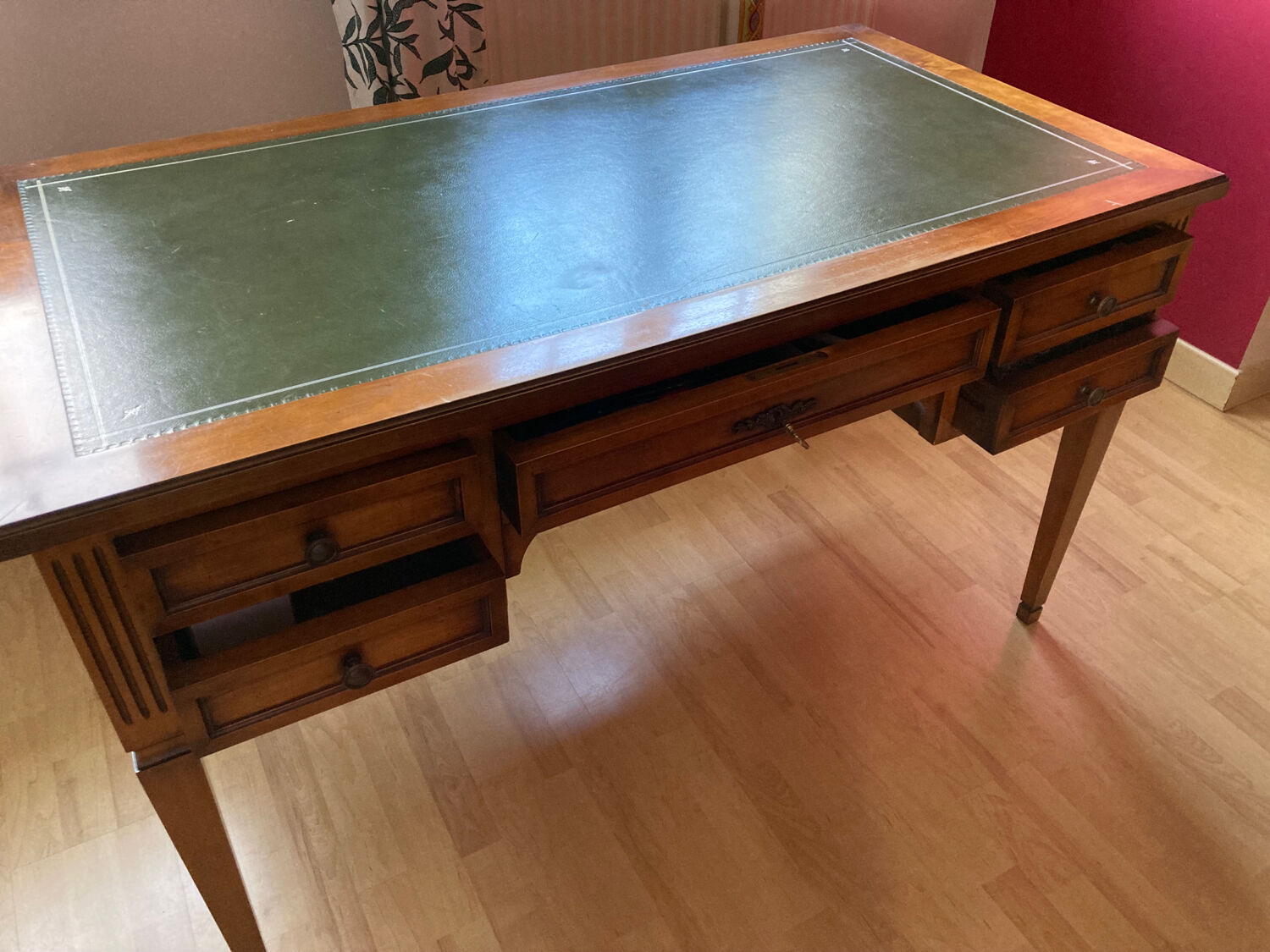 Napoleon Empire style wood and green leather desk 4 drawers 2 sliding shelves