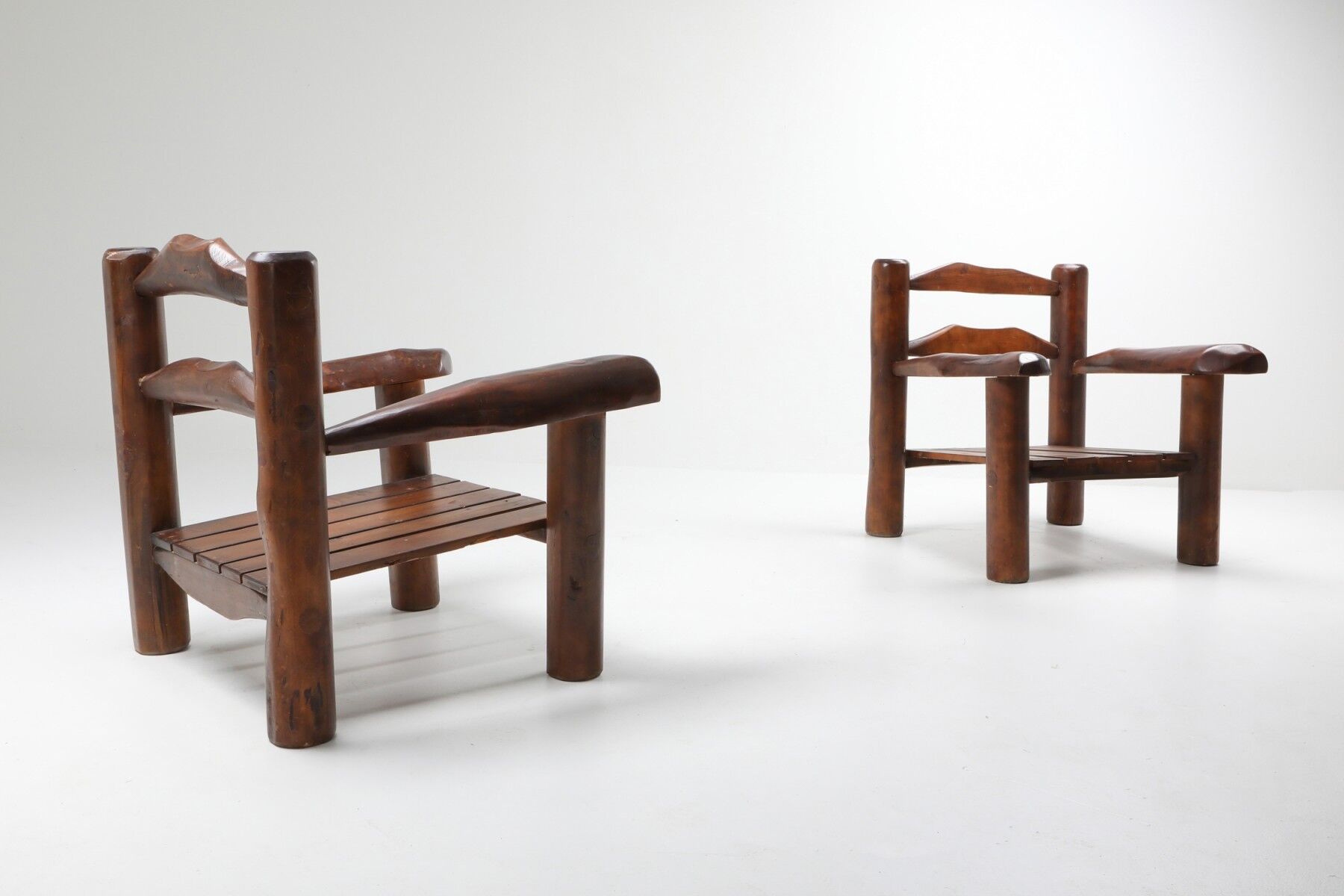 Pair of rustic wooden Wabi Sabi lounge chairs - 1950s