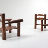 Pair of rustic wooden Wabi Sabi lounge chairs - 1950s