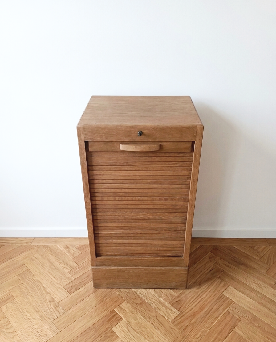 Solid oak filing cabinet with curtains
