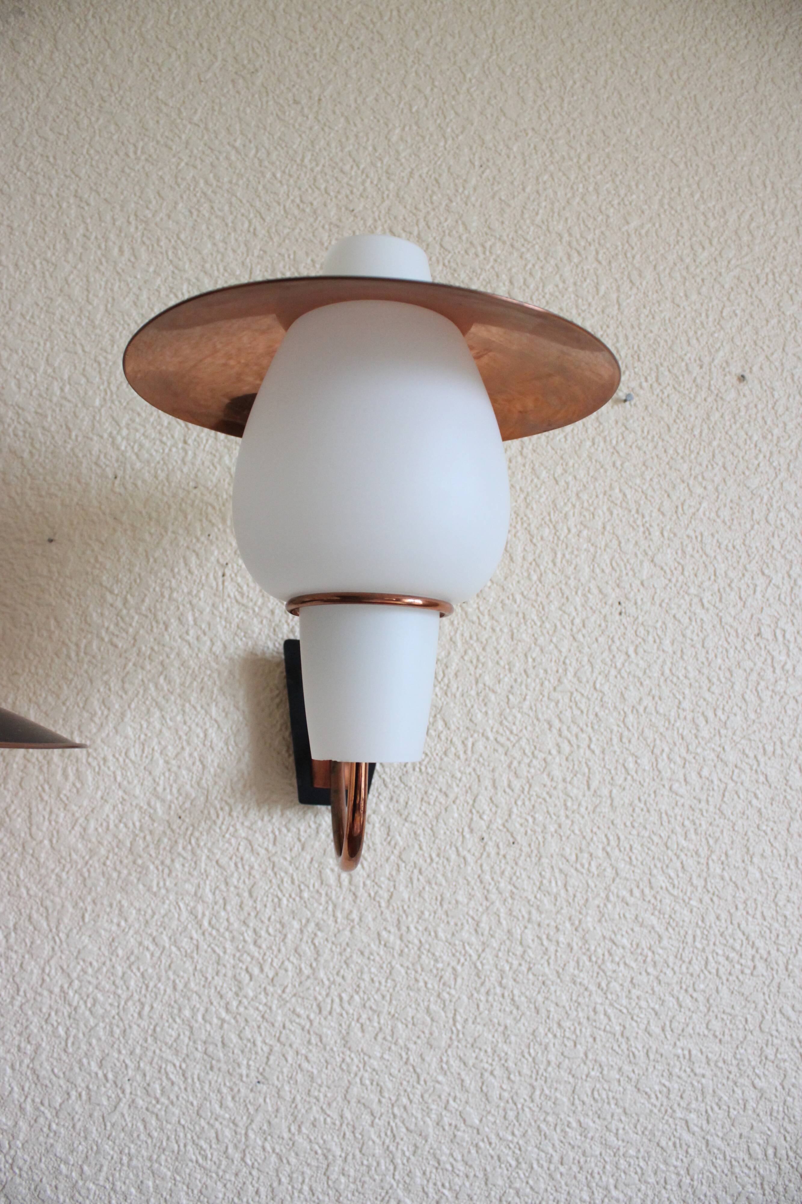 2 wall lamps from the 60s, modernist, copper and opaline