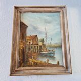 Peinture sur toile peinte à l'huile originale signée scènes de bateaux et de port du début du 20ème