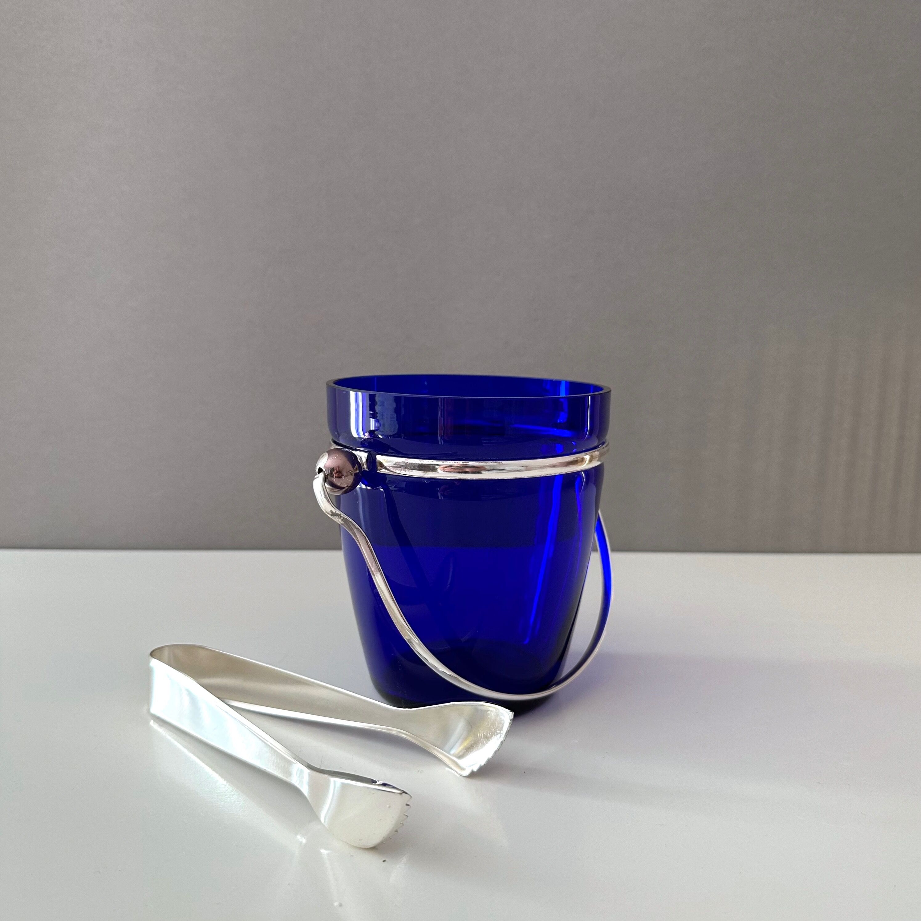 Ice bucket blue, ice cooler silver plated, mid century bareware