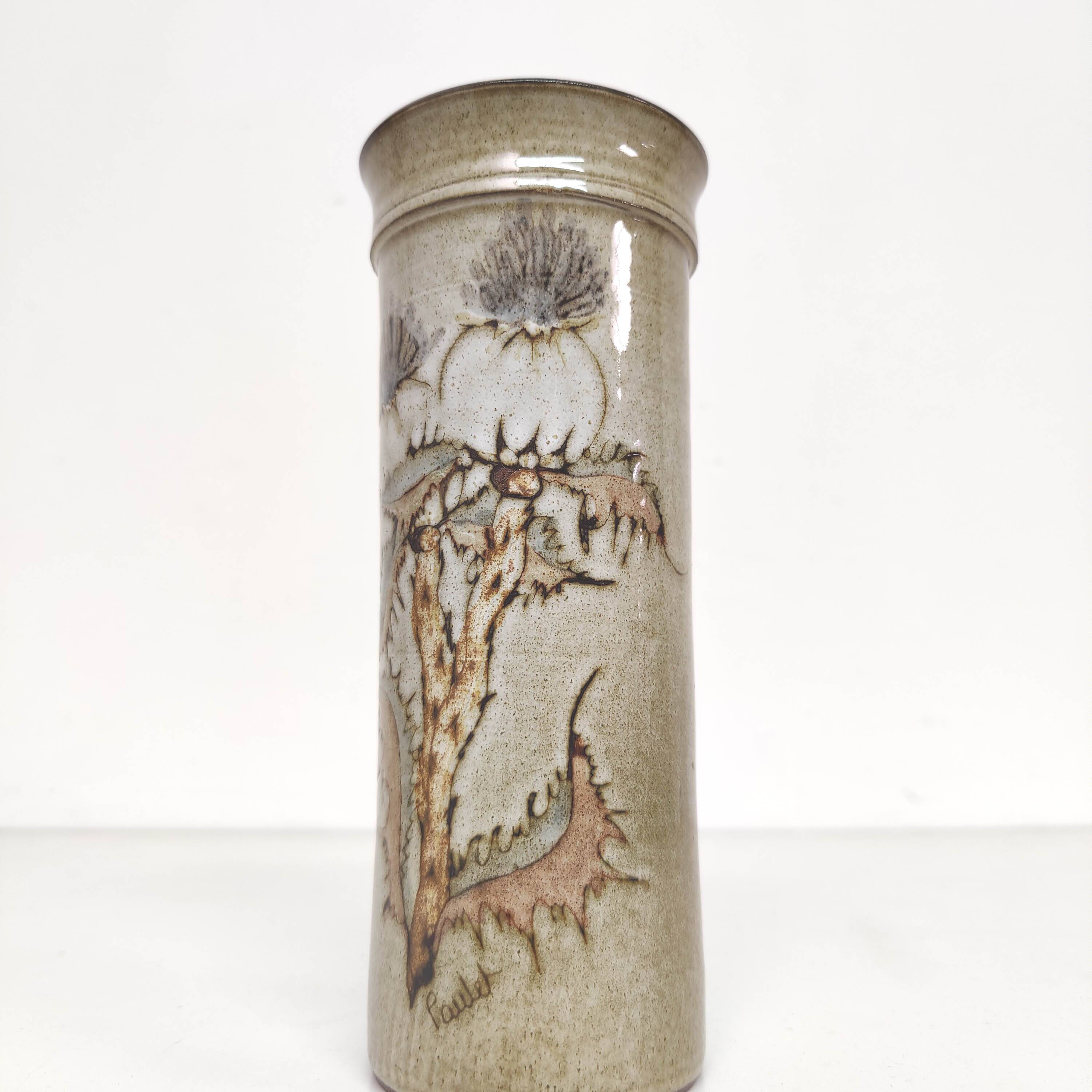 Ceramic vase decorated with thistle flowers signed Paulet
