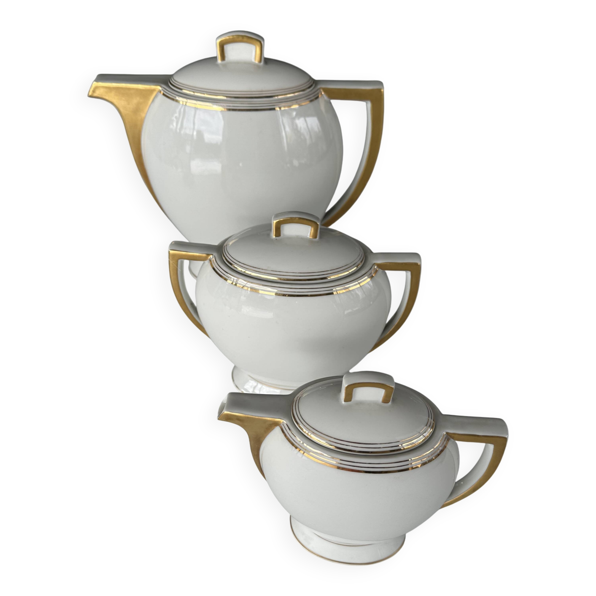 3-piece service Limoges – teapot, sugar bowl, milk jug – white & gold