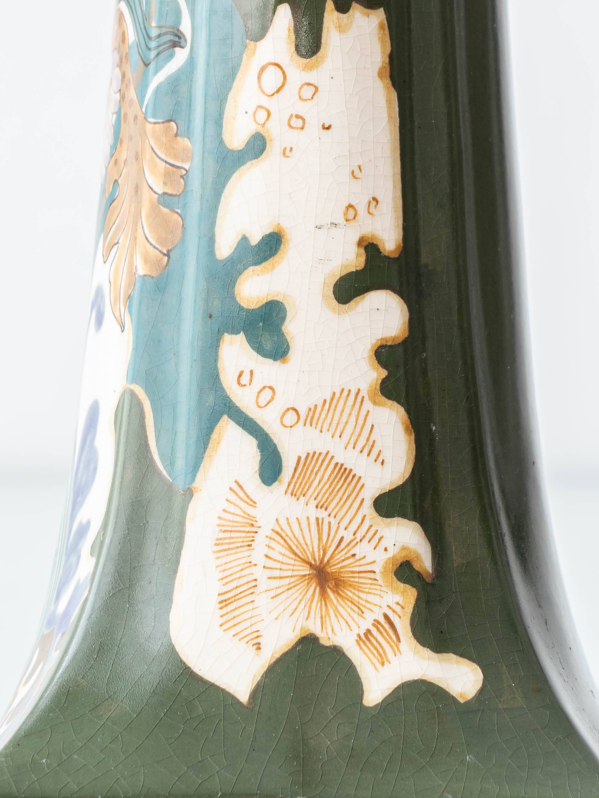 Pair of Dutch Art Nouveau Ceramic Table Lamps, circa 1915, with New Ochre Linen Shades