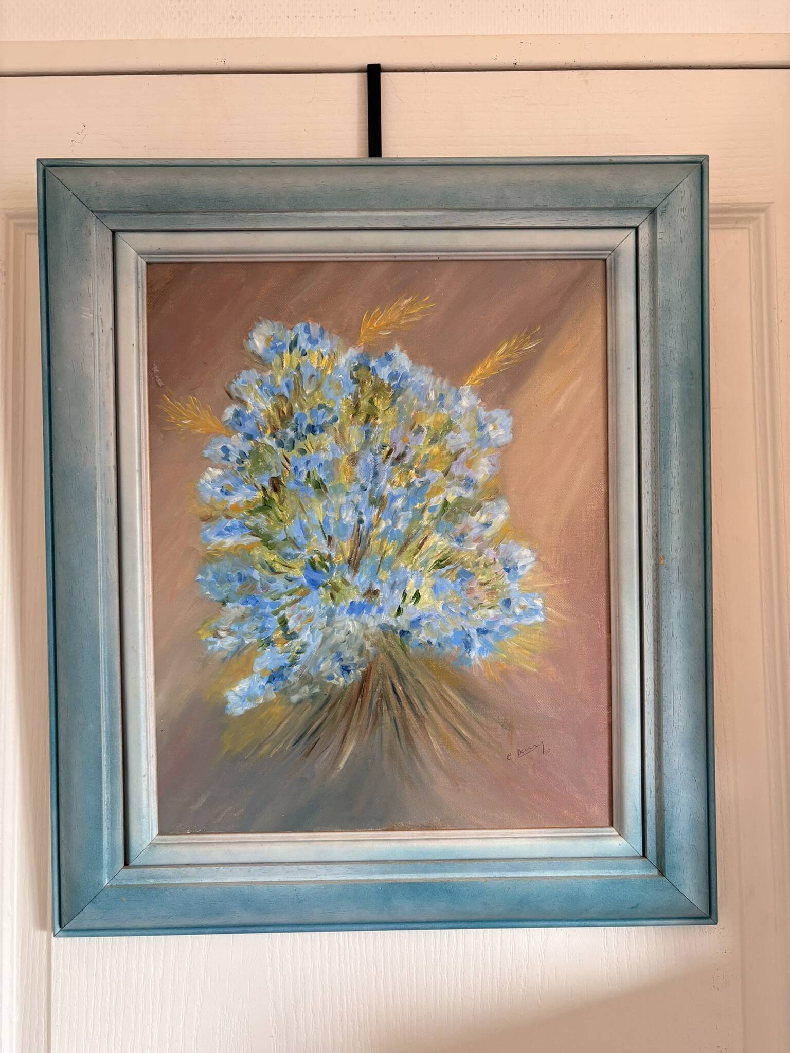 oil painting canvas still life flower bouquet blue violet Lyla