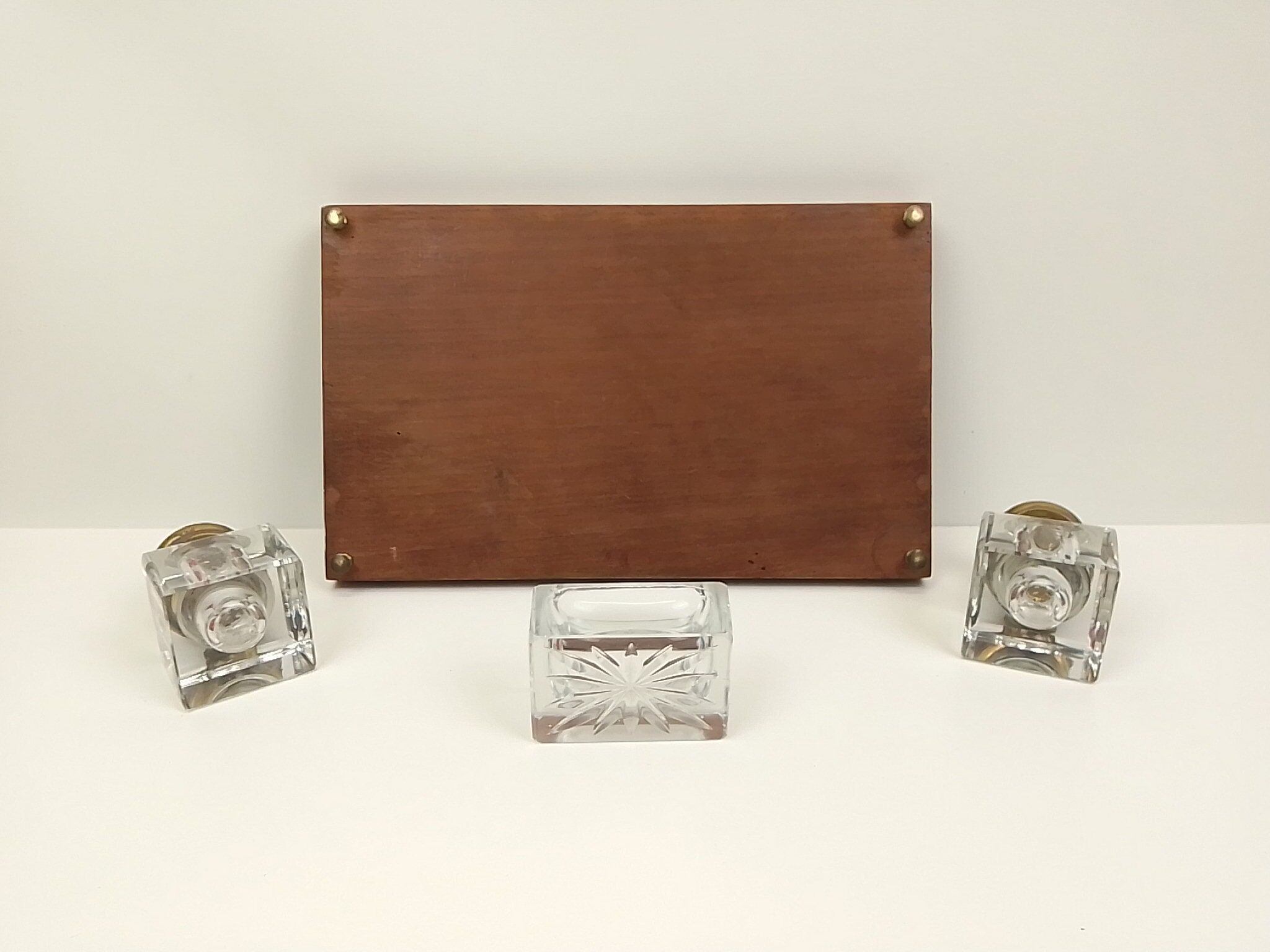 Old wooden office inkwell set and glass and brass accessories