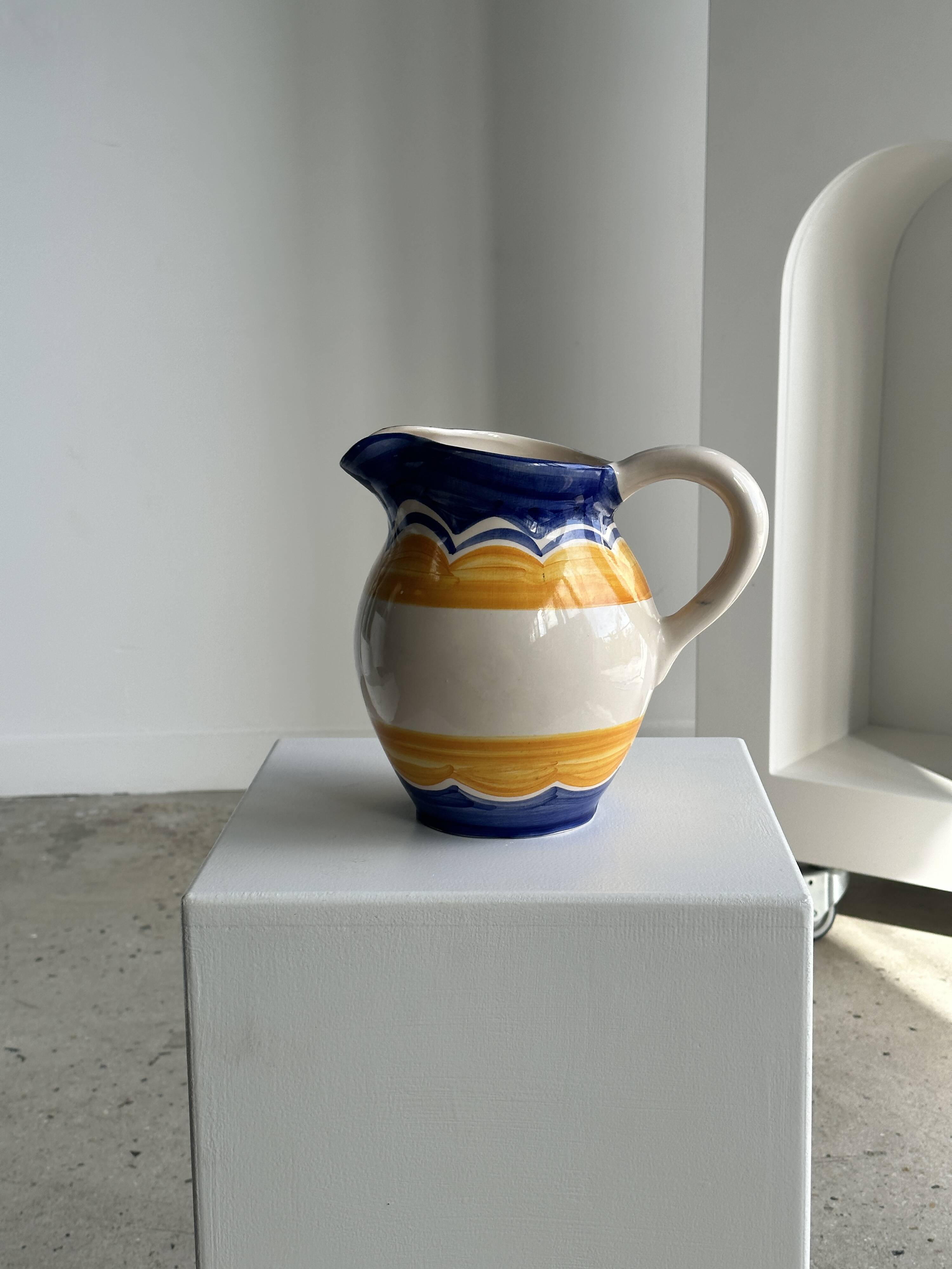 Large blue and yellow hand painted carafe H:20cm