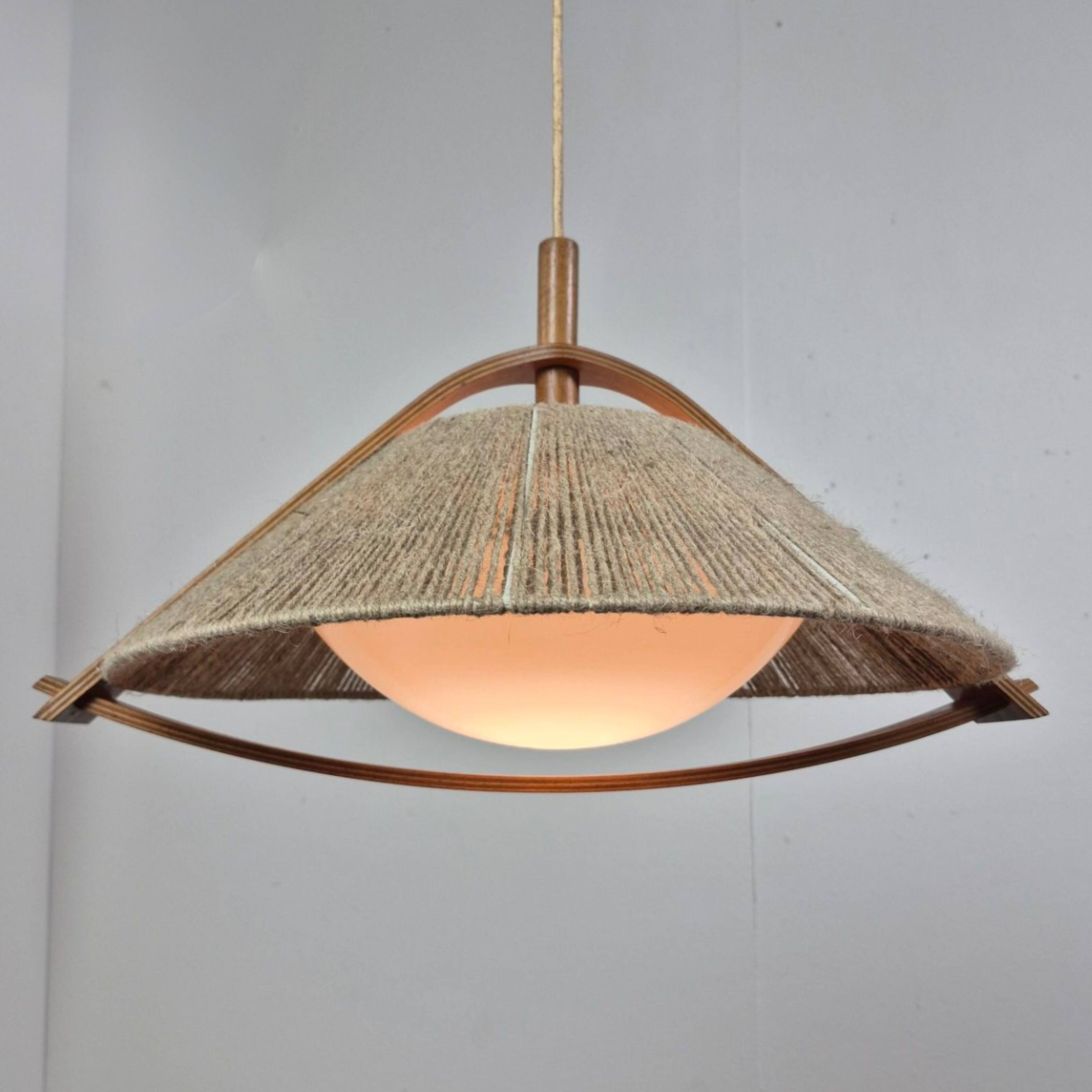 Wabi sabi sisal and plywood pendant lamp by Temde, Switzerland 1960s