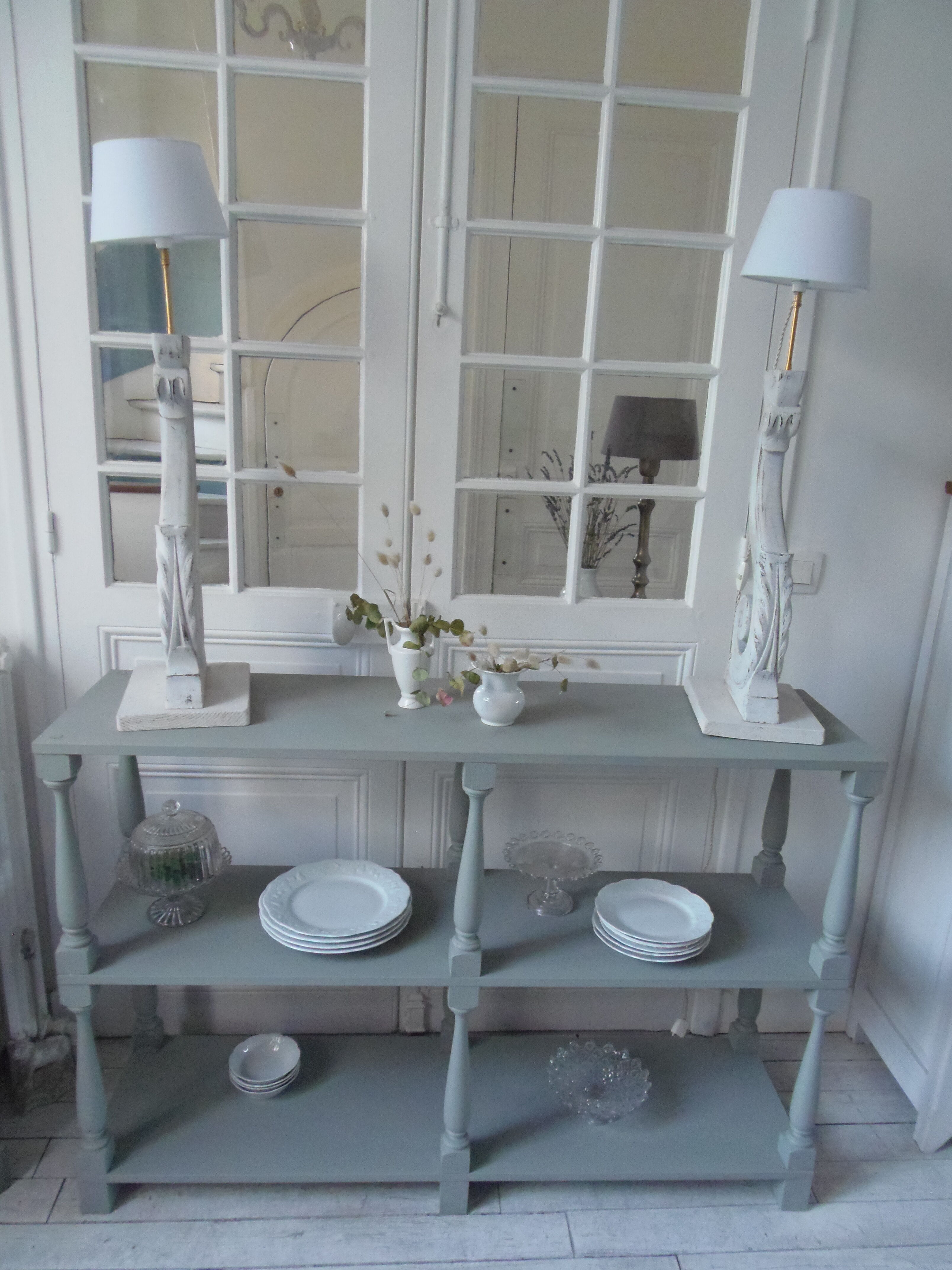 Console vintage 3 plateaux vert de gris