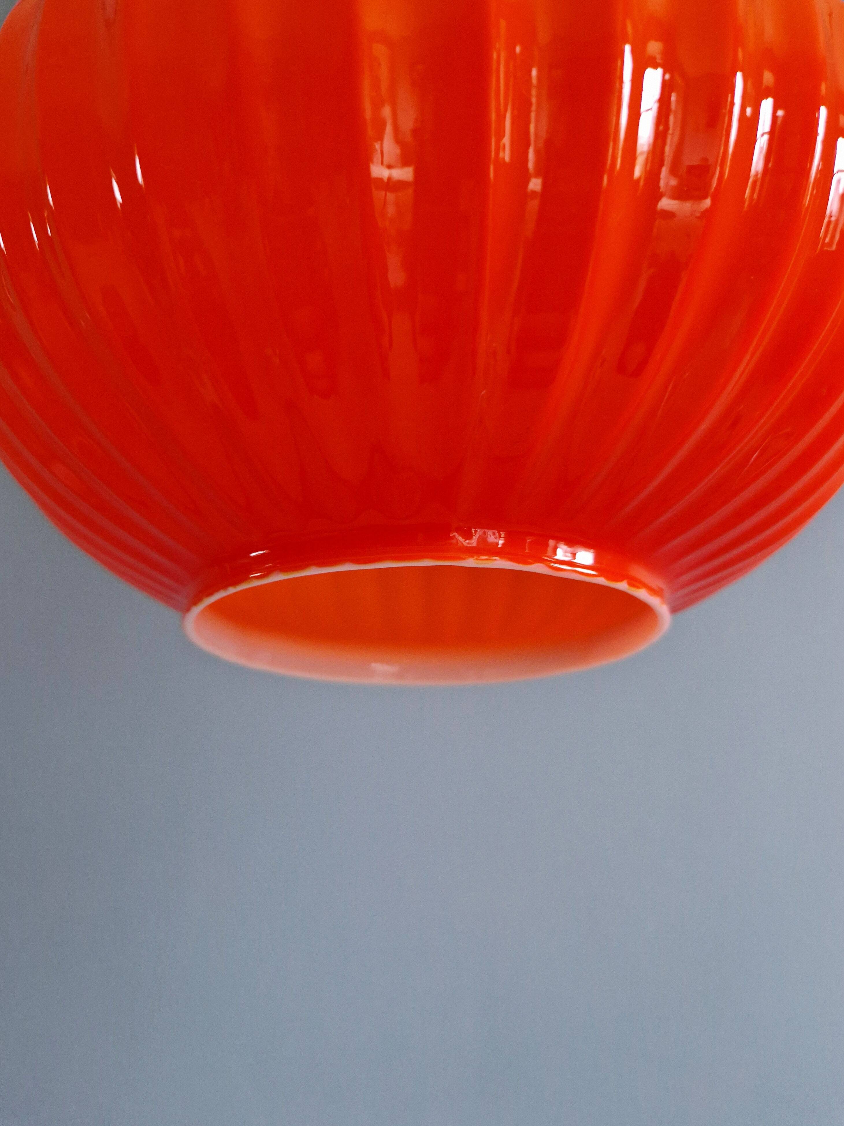 Teak and orange opaline suspension, Scandinavian style, 1960.