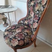 Fauteuil vintage brocante, fauteuil à tricot fleuri, classique des années 30-50