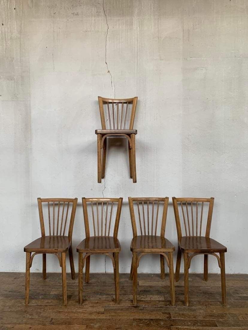 Series of 5 old baumann bistro chairs in curved wood