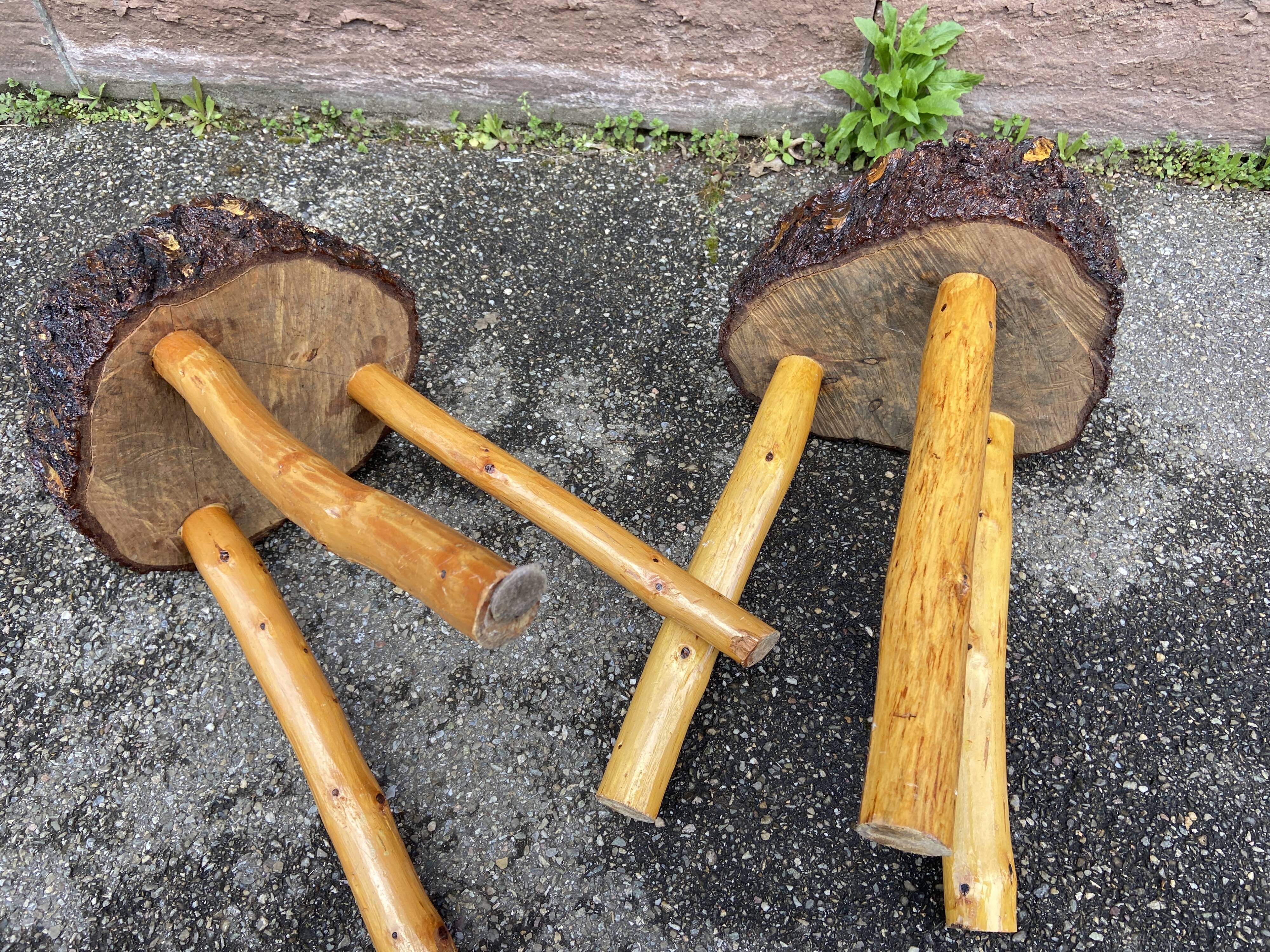 pair of rustic tripod farm stools 1950 brutalist wooden vintage French stool