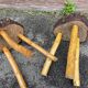 pair of rustic tripod farm stools 1950 brutalist wooden vintage French stool