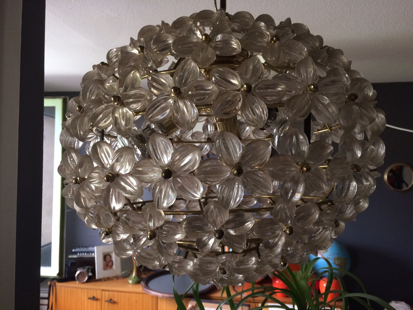 Vintage floral ball hanging lamp, 3 lights 60s