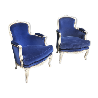 Paires de fauteuils bergères style louis XV velours bleu