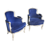 Paires de fauteuils bergères style louis XV velours bleu