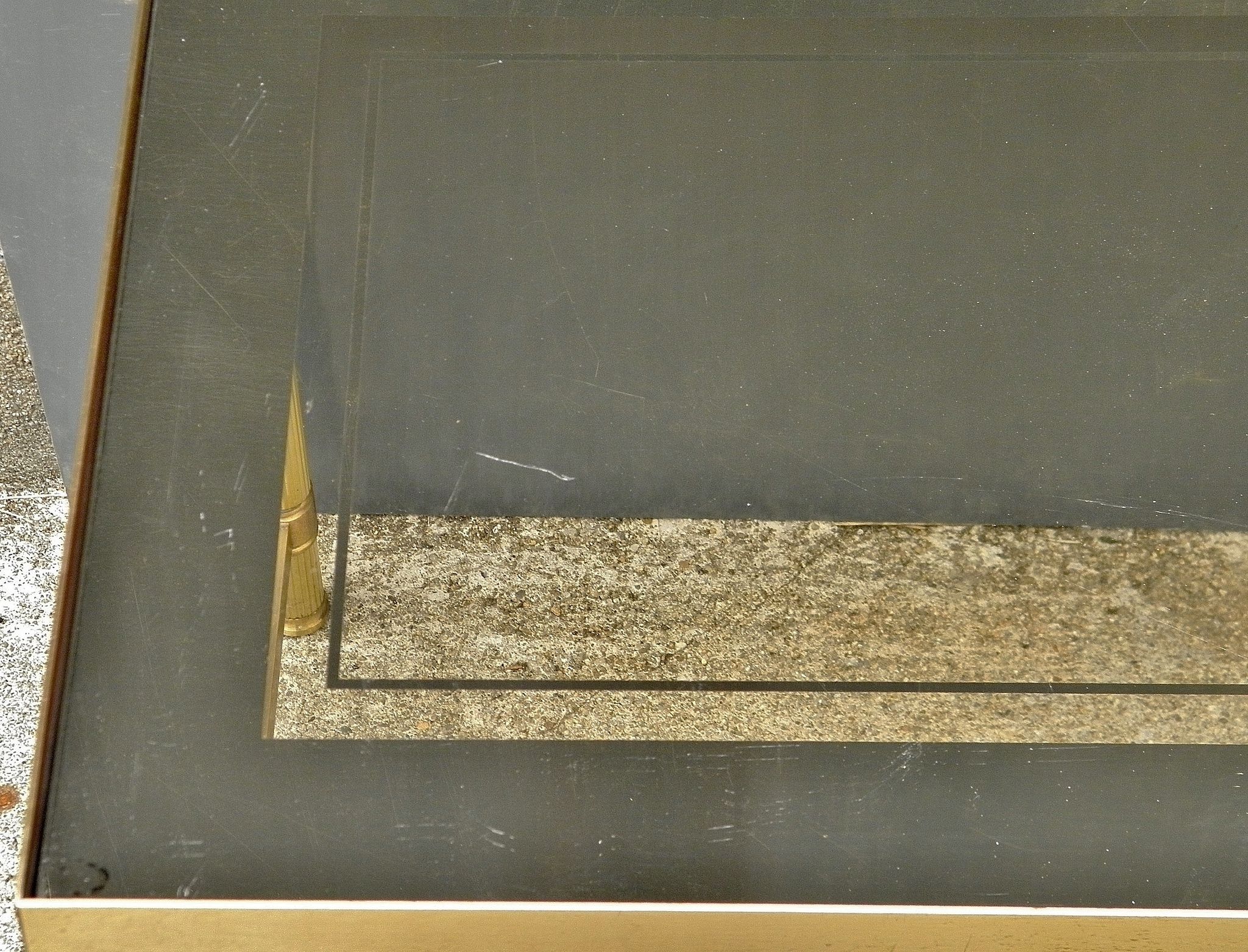 Brass, gold metal and 70s mirror glass tables