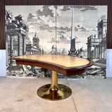 Large Italian Single Column Crescent-Shaped Desk in Goat Skin & Brass 1950s