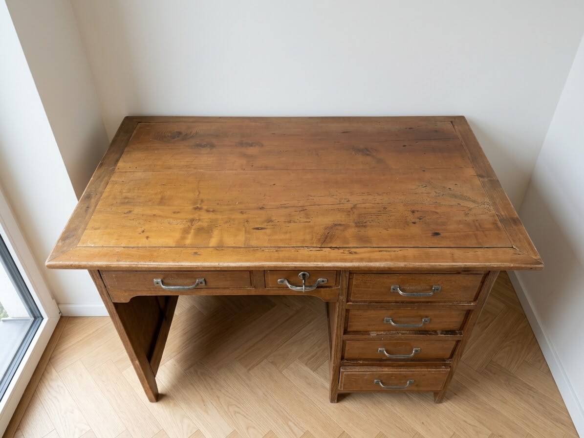 Bureau industriel vintage en bois massif brun