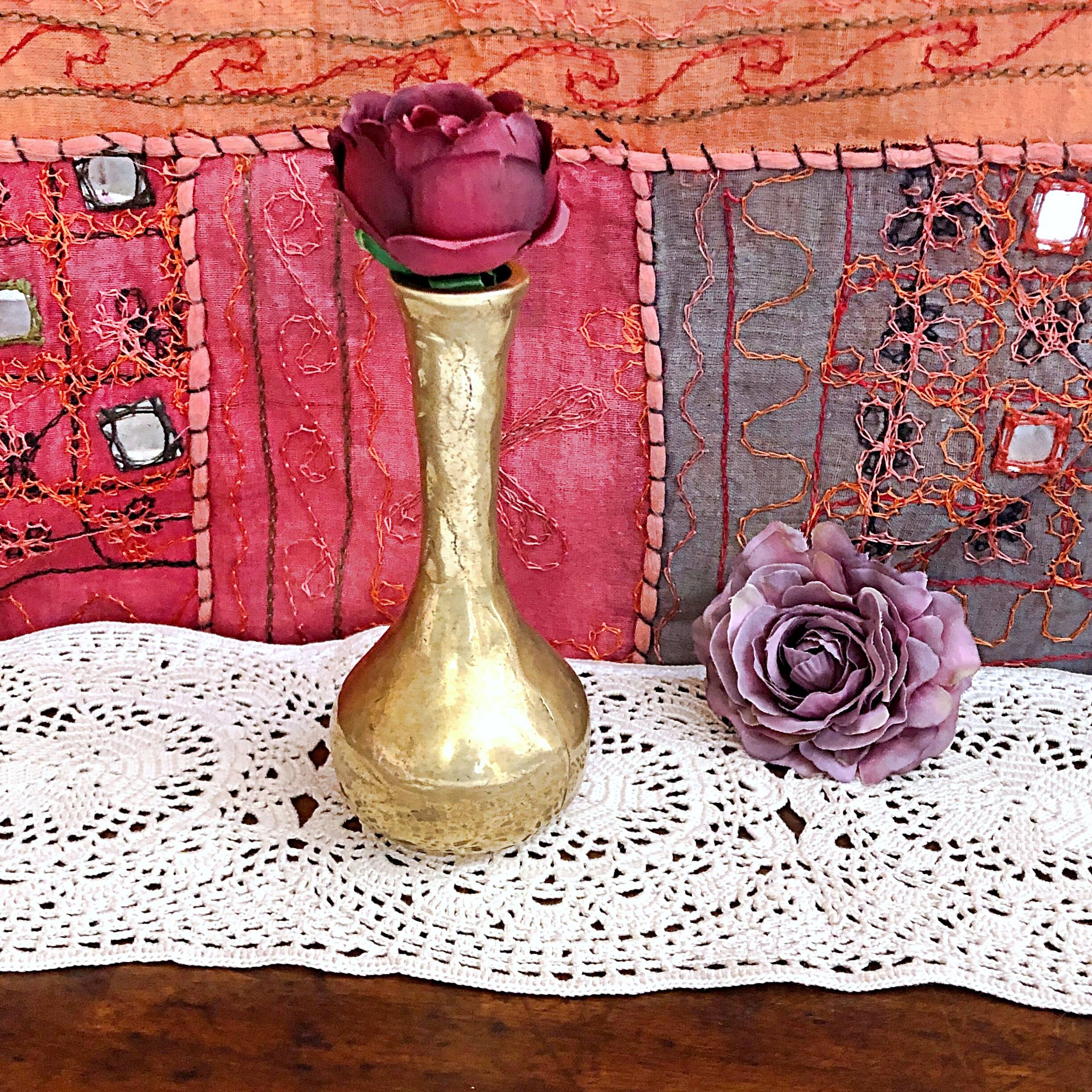 Vintage hammered solid gilded bronze soliflore vase