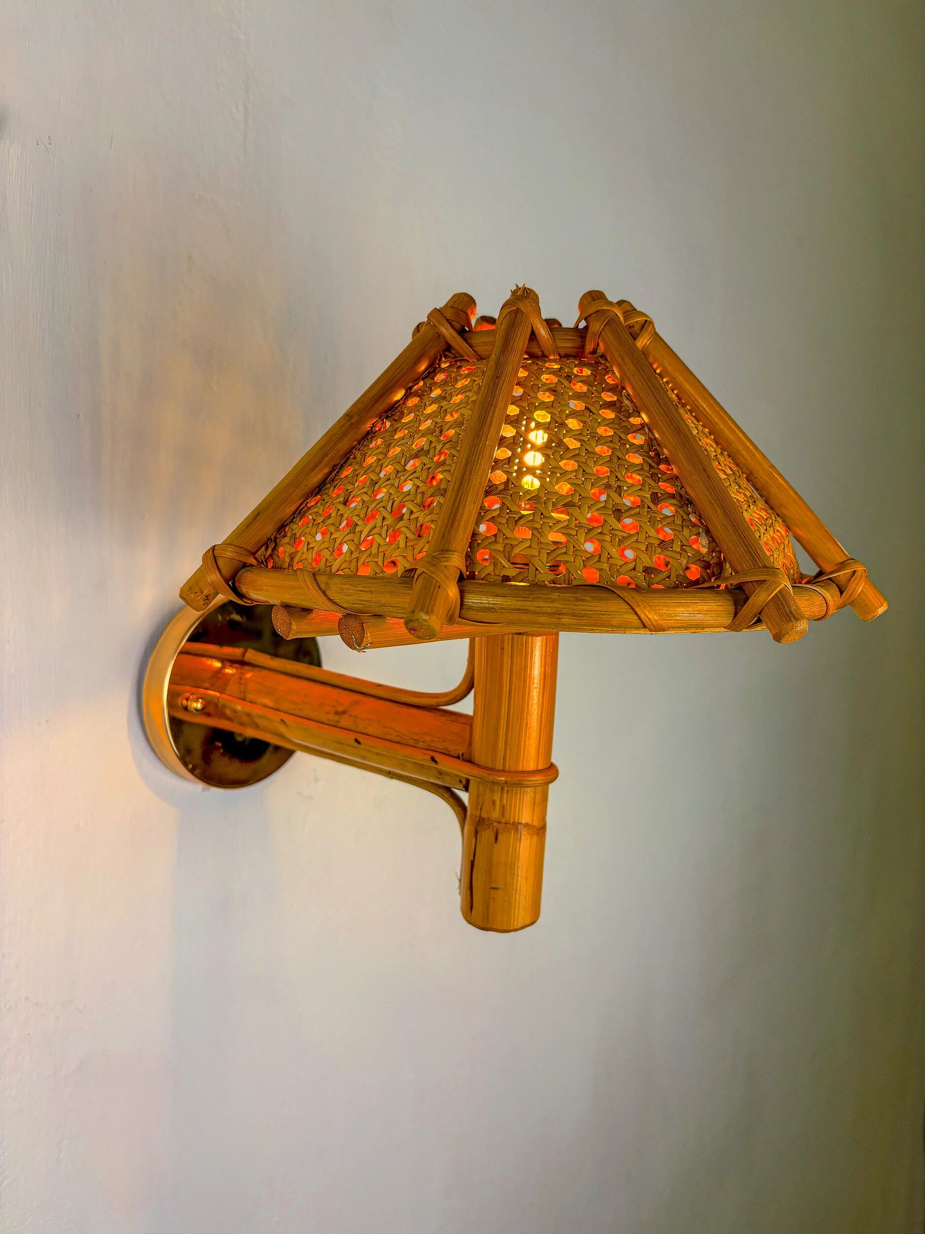 Rattan bamboo wall light with woven wicker shade, Italy, 1960s