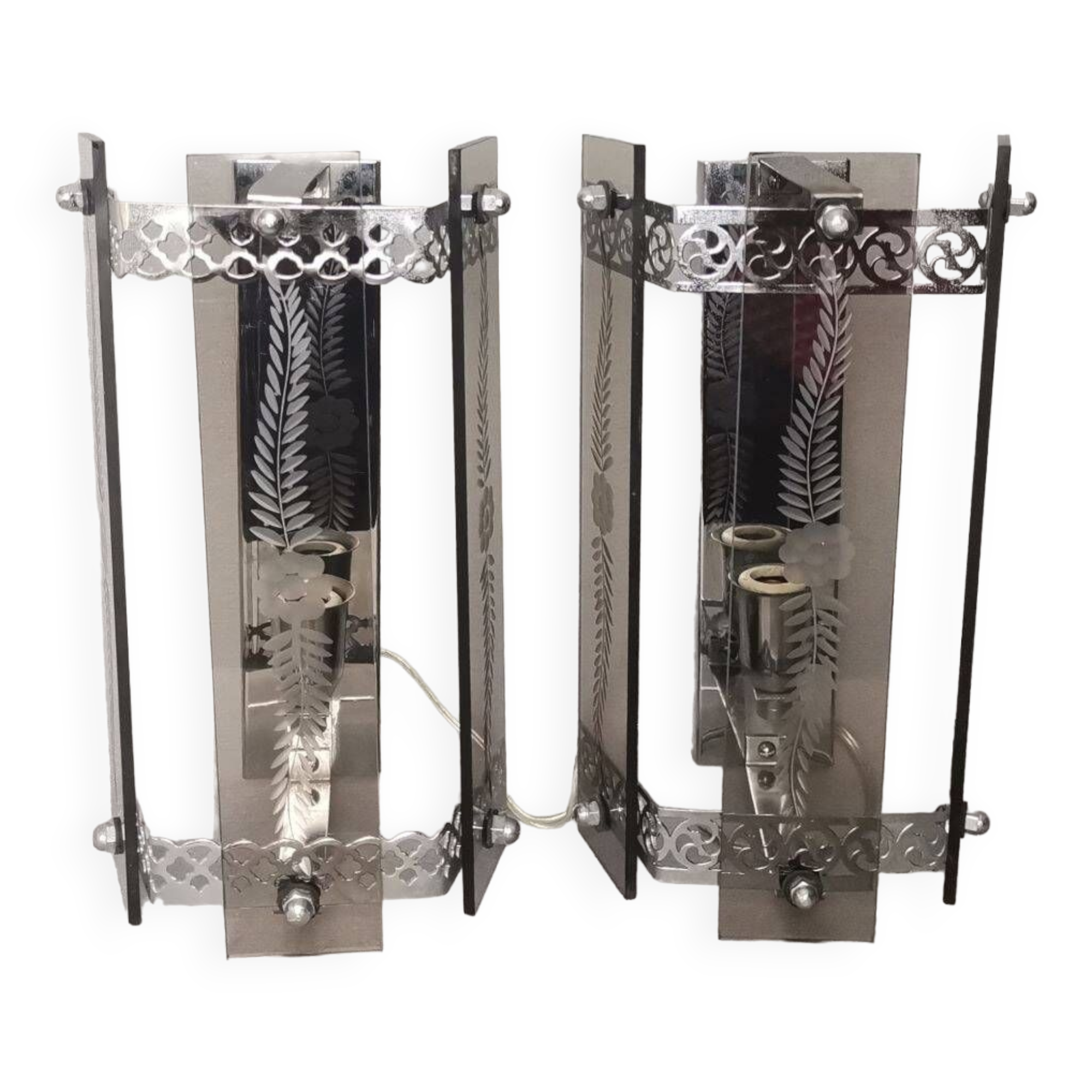 Set of 2 art deco revival smoked glass chromed  wall lamps