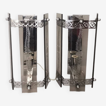 Set of 2 art deco revival smoked glass chromed  wall lamps