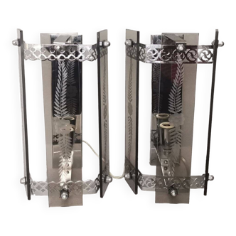 Set of 2 art deco revival smoked glass chromed  wall lamps